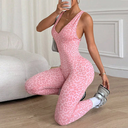 Women Sports Jumpsuits Leopard Deep V Bandage One Piece Yoga Pants Scrunch Workout Fitness Gym Training Athletic Tights Suits