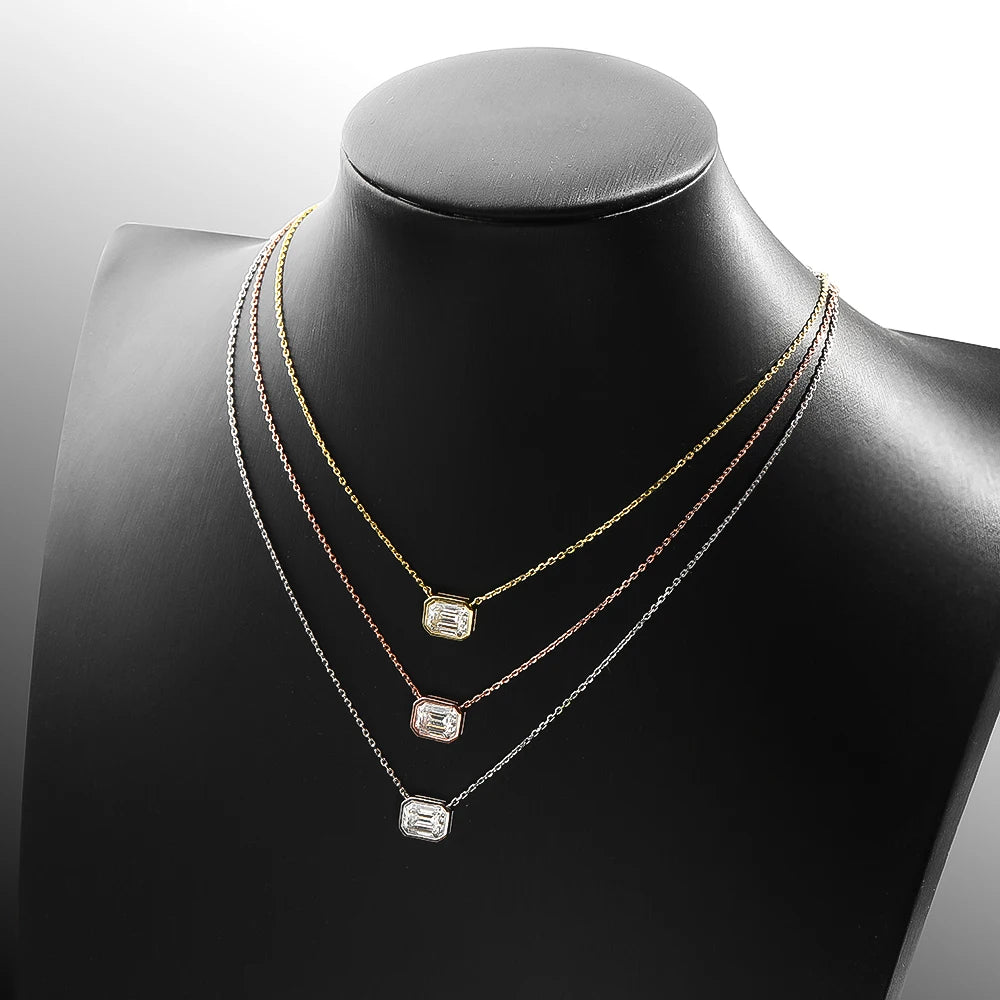 FEOBUR 2CT Emerald Cut Moissanite Pendant Necklace S925 Silver Certified Bezel Set Lab Diamond NeckChain for Women Jewelry Gifts