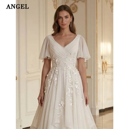ANGEL Elegant Applique Wedding Dresses 2026 V-neck Long Bride Dress Short Sleeves Chiffon Bridal Gowns Vestidos De Novia Custom