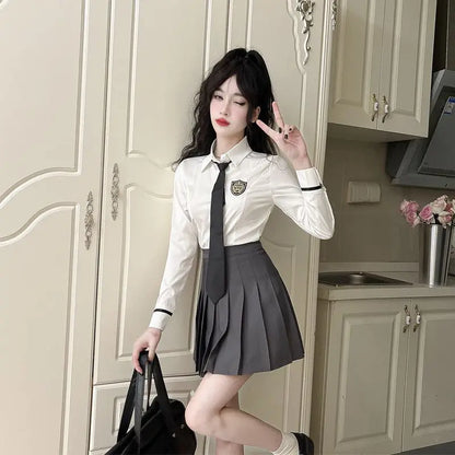 2025 improved daily jk uniform summer new white short/long sleeve shirt + pleated skirt jk uniform two-piece set for women w237
