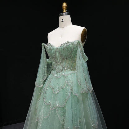 Sharon Said Elegant Off Shoulder Sage Green Evening Dress with Cape Sleeves Sweetheart Luxury for Weddig Party SS215 Customized