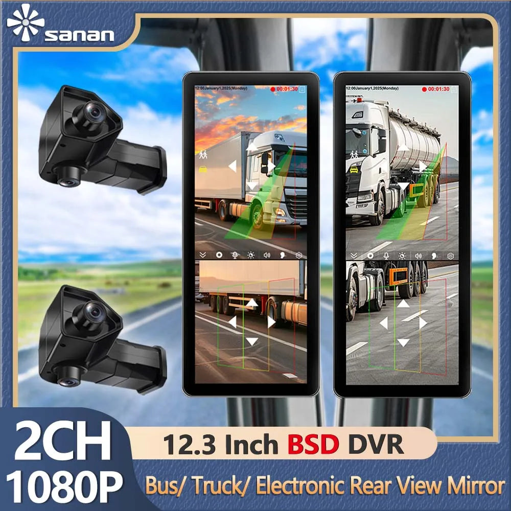 SANAN 2CH 12.3 Inch AHD Digital Rear View Mirror System BSD 1080P Night Vision Camera Dual Lens Side View Blind Zone Monitoring