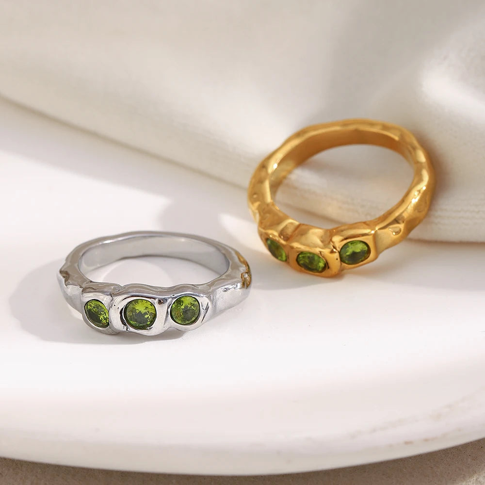 E.B.belle New Vintage Style Three Green Zircon Ring PVD Plated 316L Stainless Steel Simple Women Statement Finger Chic Jewelry
