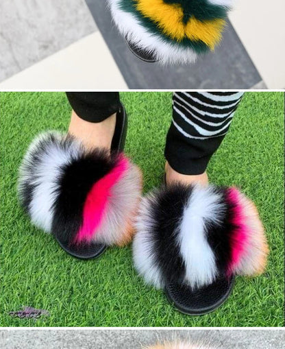 Natural Fox Fur Slippers, Fashionable Outdoor Multi-Color Animal Hair Slippers, Women's Gifts, Soft EVA Sole Slippers, On Trend