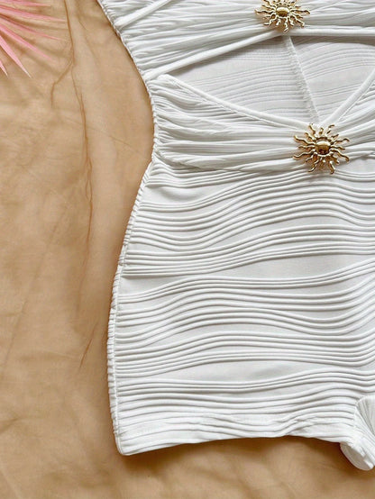 Summer White Bodycon Romper, Strapless with Sun Metal Accents