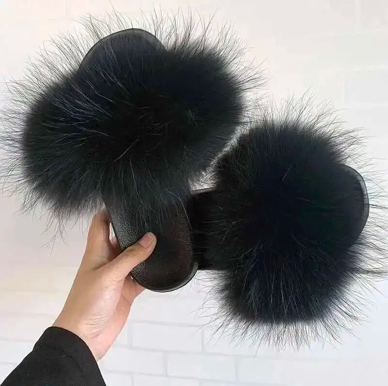 Real Raccoon Fur Slippers For Women 2026 Summer Fluffy Indoor House Fuzzy Flat Slides Outdoor Fashion Beach Sandals Flip Flops