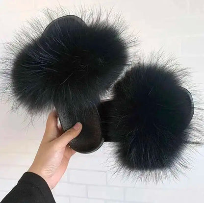 Real Raccoon Fur Slippers For Women 2026 Summer Fluffy Indoor House Fuzzy Flat Slides Outdoor Fashion Beach Sandals Flip Flops