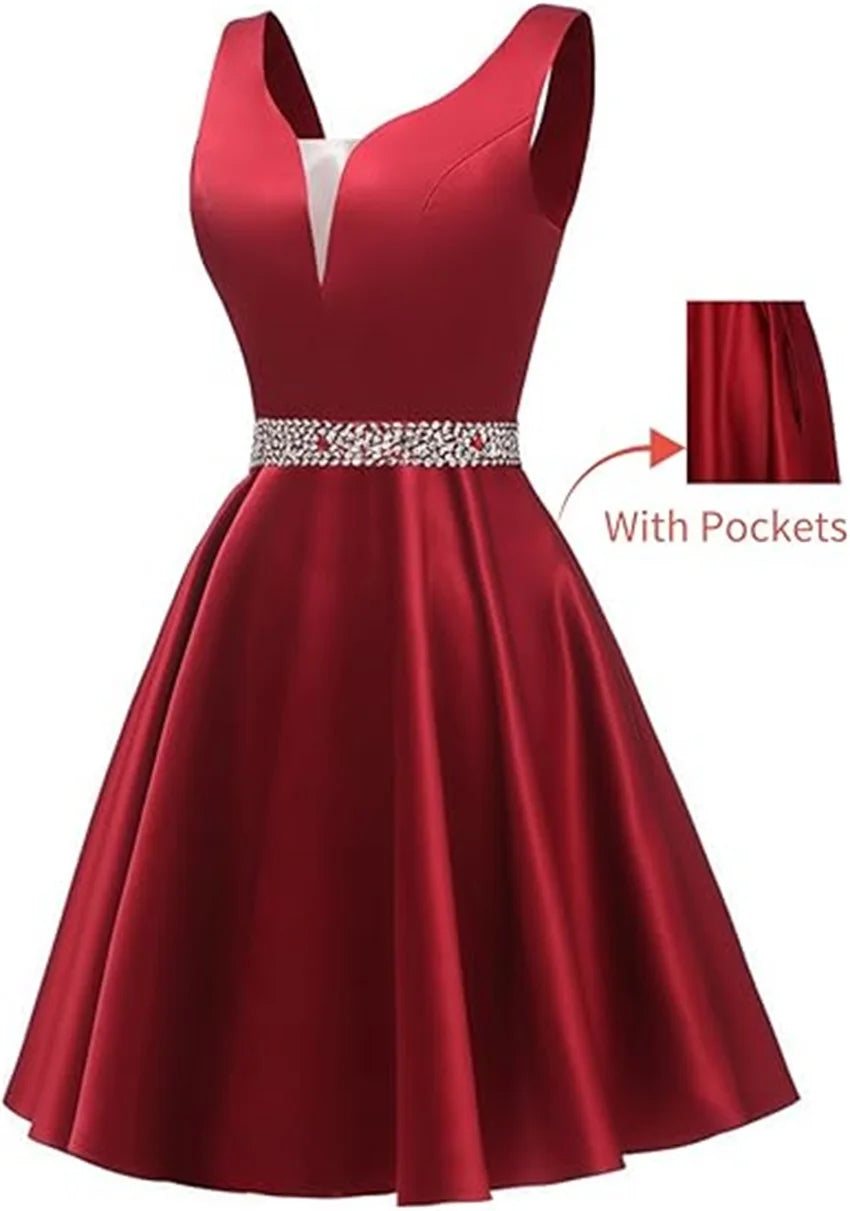 Customized Simple Satin Homecoming Dresses for Teens Short Prom Dress V-Neck Beaded Belts Evening Formal Cocktail Party Gowns