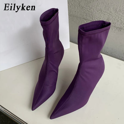 2026 New Spring Autumn Stretch Fabric Women Ankle Boots Sexy Pointed Toe High Heels Fashion Female Socks Pumps Shoes