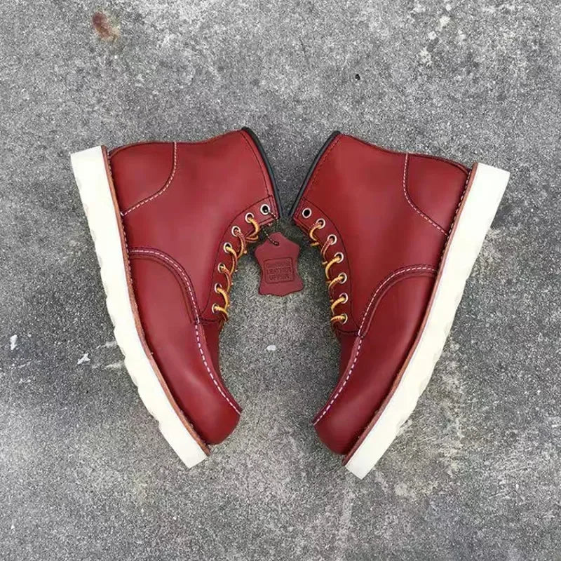 Men's Goodyear-Welted Vintage Genuine Leather Mid-calf Motorcycle Boots Round toe Casual Punk Dress Boots Work Shoes Western Red