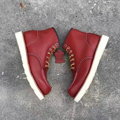 Men's Goodyear-Welted Vintage Genuine Leather Mid-calf Motorcycle Boots Round toe Casual Punk Dress Boots Work Shoes Western Red