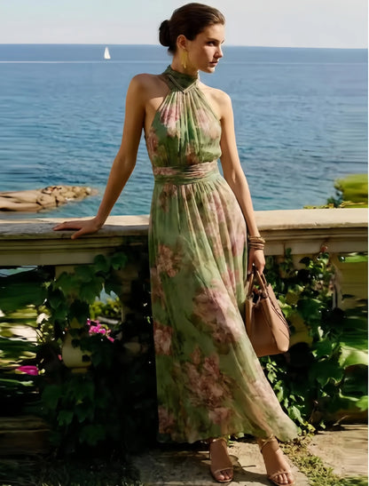 SINGREINY Elegant Green Floral Halter Chiffon Maxi Dresses Trendy Sleeveless A-line 2026 Women Floral Wedding Guest Party Dress