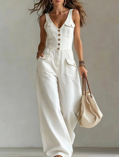 Elegant High Street Denim Suspender Jumpsuit Casual Sleeveless Pockets Straight   Party Playsuits Fashion Single-breasted Romper