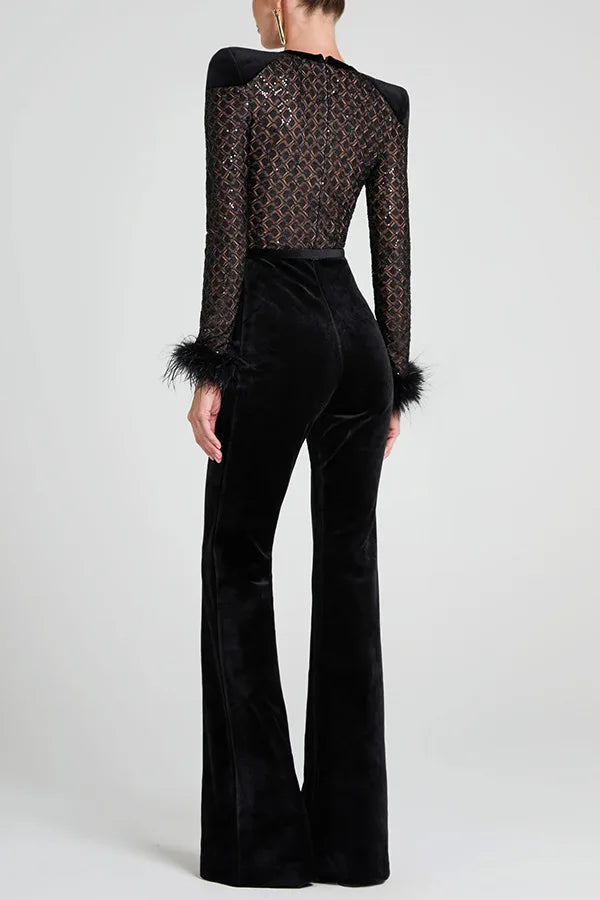 New Women's Fashion Long Sleeve Round Neck Gold Velvet Patchwork Sexy Jumpsuit Ladies Solid Color Slim Fit Jumpsuit For Women