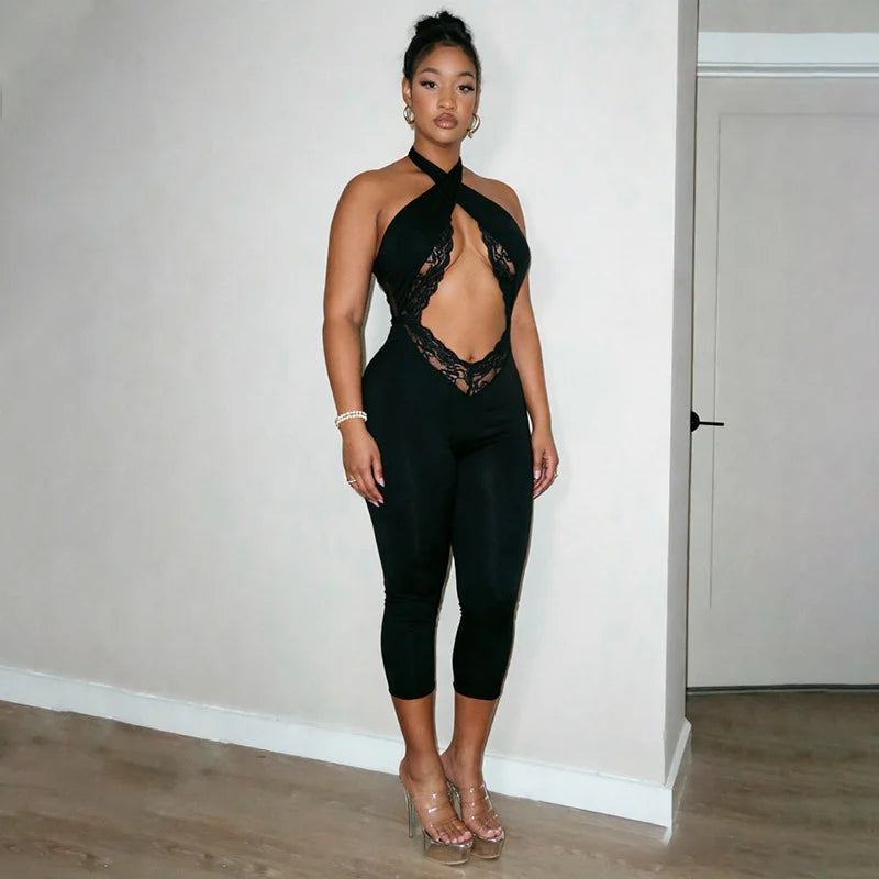 Sexy Lace Patchwork Bodycon Rompers Woman Jumpsuit Bandage Halter Sleeveless Backless Ruched Skinny Night Club Outfits Birthday