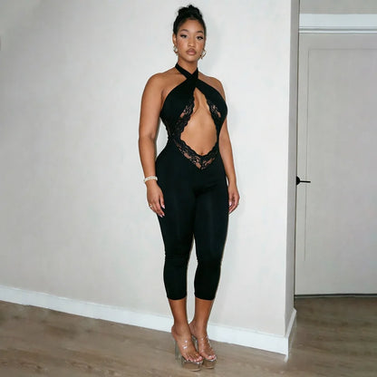 Sexy Lace Patchwork Bodycon Rompers Woman Jumpsuit Bandage Halter Sleeveless Backless Ruched Skinny Night Club Outfits Birthday
