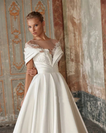 Flavinke Customized Elegant Exquisite A Line Wedding Dresses Bride Gowns Lace Off the Shoulder Soft Satin Vestidos De Novia