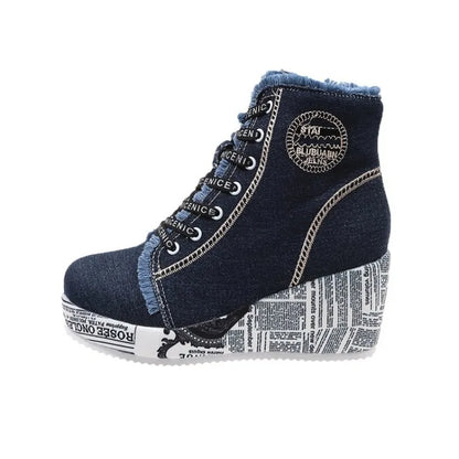 Women's Wedge Sneakers High Top Round Toe Denim-Look Lace-Up Side Zipper Letter Print Detail Casual Platform Ankle Boots 2026