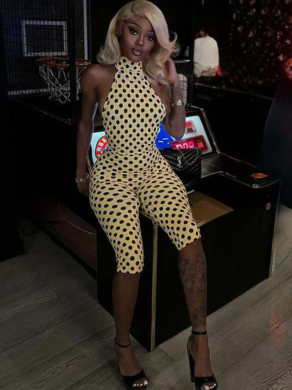Beyprern Vintage Polka Dot Print Skinny One Piece Jumpsuit Women Sexy Halter Neck Sleeveless Bodycon Playsuit Elegant Streetwear