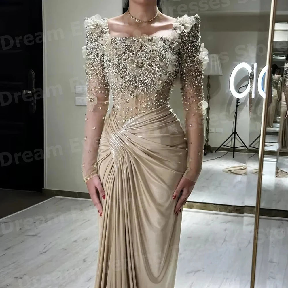 Gorgeous Mermaid Women's Square Neck Beaded Evening Dresses Customized Vestidos Para Mujer Prom Gowns Long Sleeve Robe De Soirée