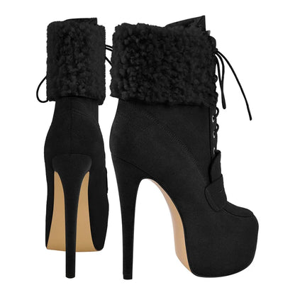 Onlymaker Women Round Toe Platform Ankle Boots Lace Up Comfort Faux Suede  Classic Ankle Boot