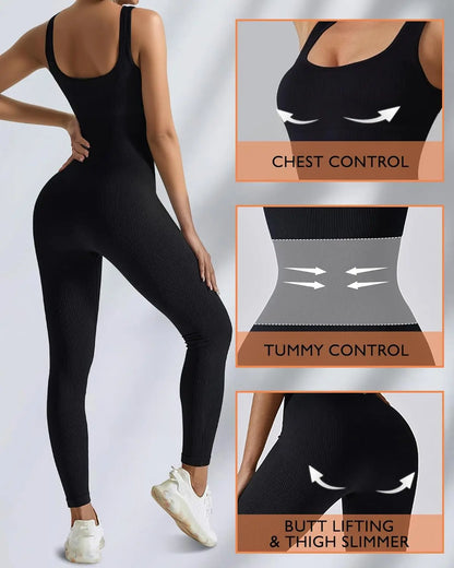 Women Workout Seamless Jumpsuit Yoga Ribbed Bodycon One Piece Tank Top Leggings Romper