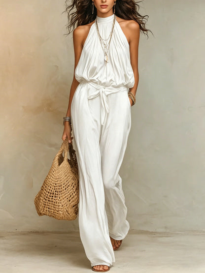 Women Halter Neck Sleeveless Jumpsuit Elastic Waist Belted Wide Leg Pants Summer Casual Loose Solid Color Romper