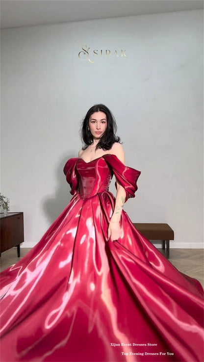 Xijun Modern Red Evening Dresses Off The Shoulder A-Line Birthday Party Dresses Corset Shiny Floor Length Prom Gowns Customized