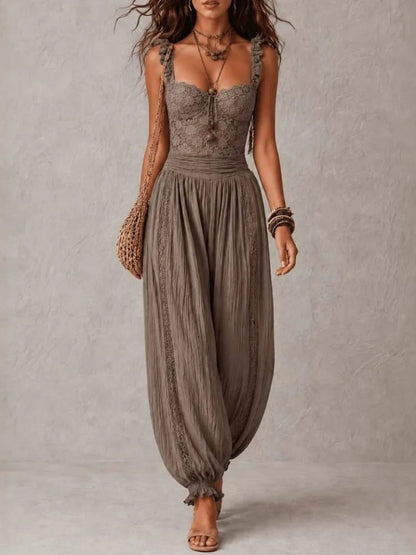 Solid Women Lace Jumpsuits For Spring Summer Sleeveless Slash Neck Loose Fashion Streetwear Overalls Pants Trousers 2026