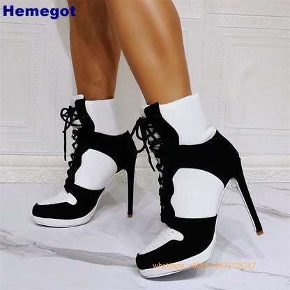 Sports Lace Up Women's Short Boots 2024 Thick Sole Round Toe Mixed Color Stilettos Autumn Winter New Street Style Casual Rock Bo