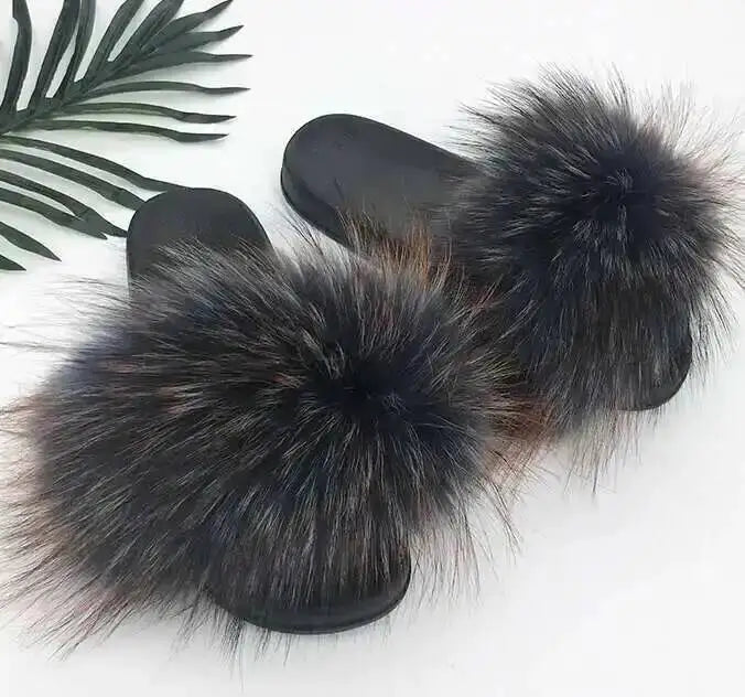 Real Raccoon Fur Slippers For Women 2026 Summer Fluffy Indoor House Fuzzy Flat Slides Outdoor Fashion Beach Sandals Flip Flops