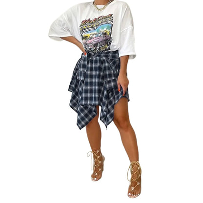 Womens Plaid Skirts High Elastic Waisted Knot Front Asymmetrical Hem Mini Skater Skirt Y2K Streetwear A Line Pleated Skirts