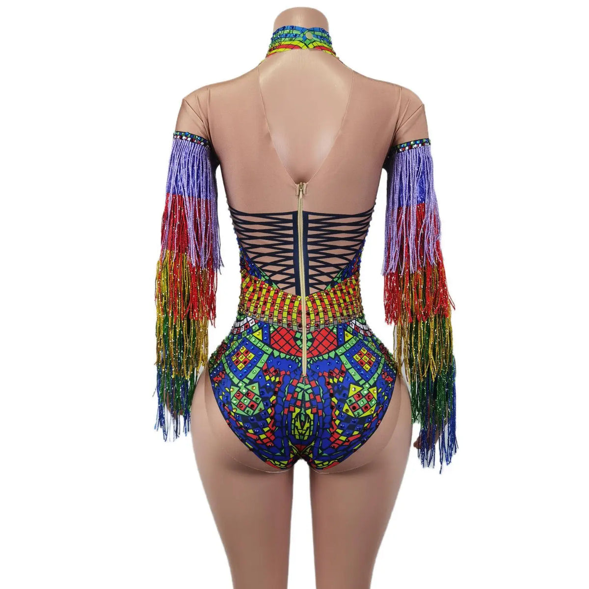 Sparkly Colorful Rhinestone Tassels Sleeves Jumpsuits Women Carnival Party Dance Costume Female Rompers Show One Piece Bodysuit