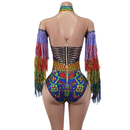 Sparkly Colorful Rhinestone Tassels Sleeves Jumpsuits Women Carnival Party Dance Costume Female Rompers Show One Piece Bodysuit