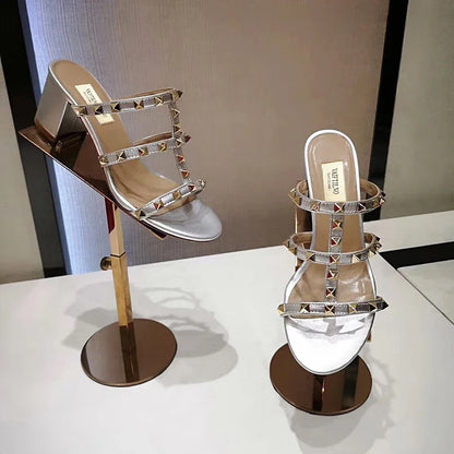 Women's Sandals Gladiator Summer With Heels Real Leather Rivets Luxury Brand High-heeled slippers Designer Silver Ladies Shoes