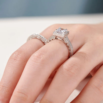 Newshe 2Pcs Genuine 925 Sterling Silver Moissanite /AAAAA Zircons Wedding Ring Set Halo Princess Cut Engagement Rings for Women