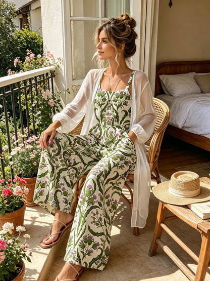 2026 New Style Fashion Women's Printed One-Piece Pants with Bohemian Square Collar, Loose Wide Leg, Elastic Waist, Green Thistle Print in Light Color, US Size, US Warehouse, Fast Shipping, Elegant Spring-Summer Outdoor Vacati