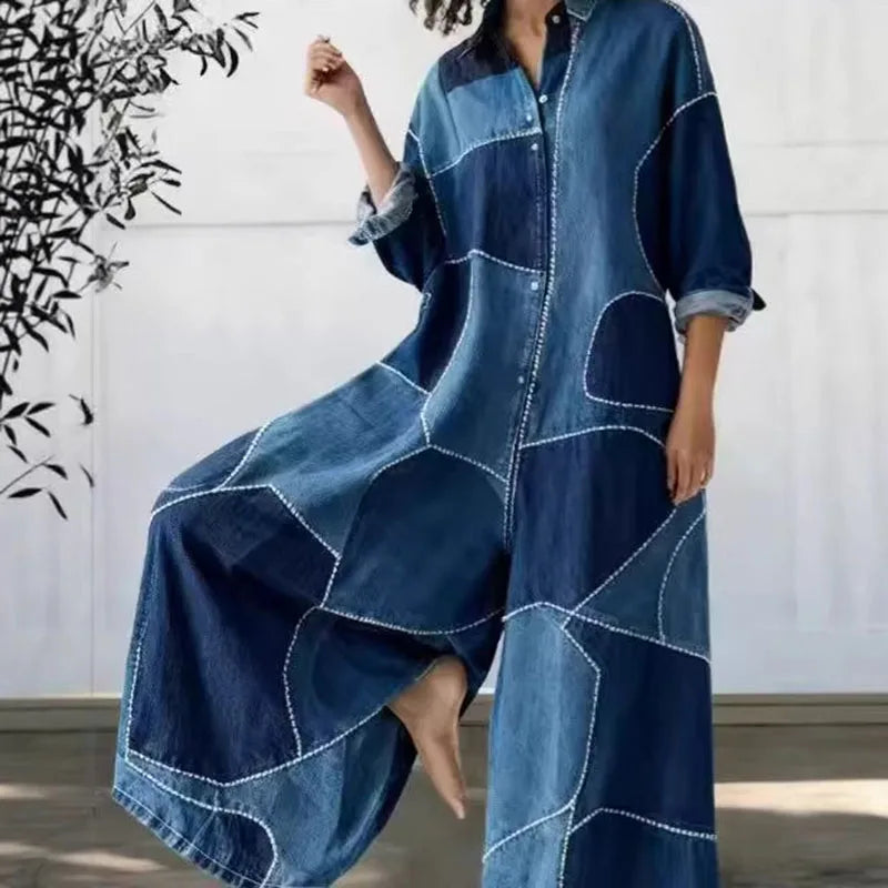 Red Heart Print Wide Leg Jumpsuits Woman Turn-down Collar Button Shirt Rompers Spring Long Sleeve Loose Imitation Denim Overalls
