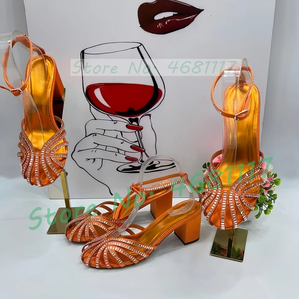 Crystal Caged Mid Block Heel Satin Sandals Women Metallic Leather Luxury Feminine Shoes Ladies Summer Ankle Strap Evening Shoes
