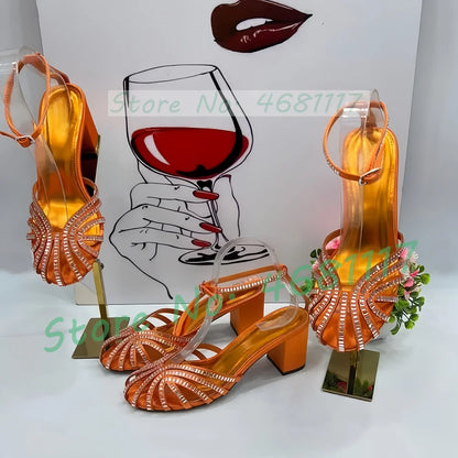 Crystal Caged Mid Block Heel Satin Sandals Women Metallic Leather Luxury Feminine Shoes Ladies Summer Ankle Strap Evening Shoes