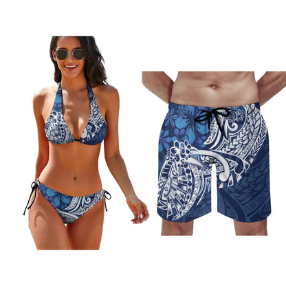 Polynesian Pattern Floral Print Lace-Up Swimsuit Pool Party Couple Suit Summer Custom Couple Suit Women Bikini Men Beach Pants