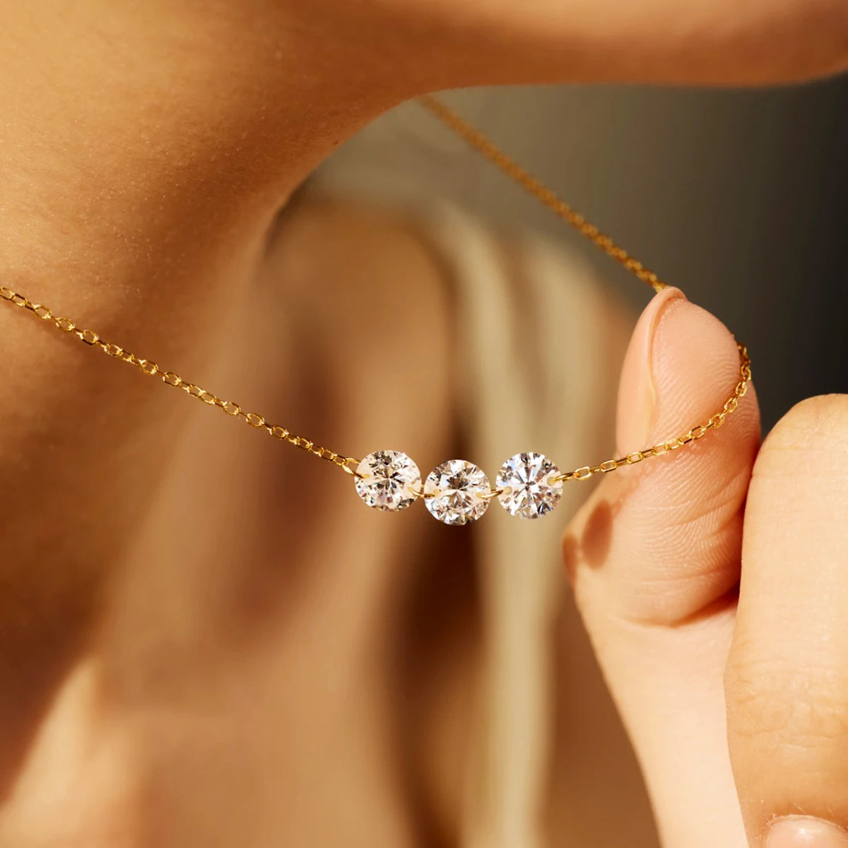 Genuine S925 Silver 3 Sparkling Zircon Necklace Dainty Sliding - Adjustable Length  Minimalist Luxury Jewelry for Men and Women