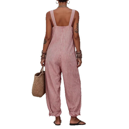 Women Print Striped Jumpsuits Sleeveless Square Neck Spliced Pocket Wide Leg Pants Casual One Piece Rompers Tank Summer 2026