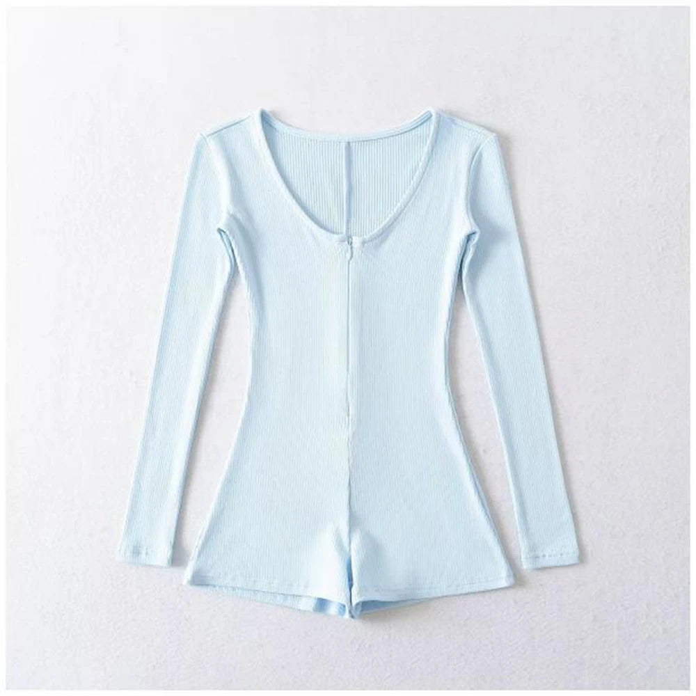 Women's Short Yoga Jumpsuits Long Sleeve Slim Fit Stretch One Piece Playsuits Sexy Fitness Female Shorts Zipper Sportwears
