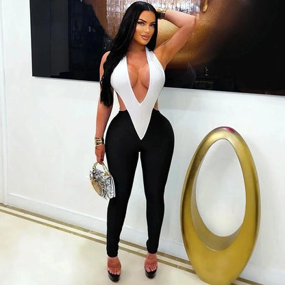 Patchwork Rave Outfit Woman Jumpsuits and Rompers Fancy Club Party Halter V-neck Backless Sleeveless Skinny One Piece Jumpsuit