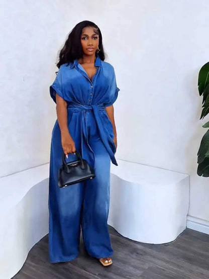 Denim Jumpsuits for Women Soft Denim Fabric One Piece Jumpsuit High Waist Blue Wide Jumpsuit with Pockets Ladies Summer Outfits