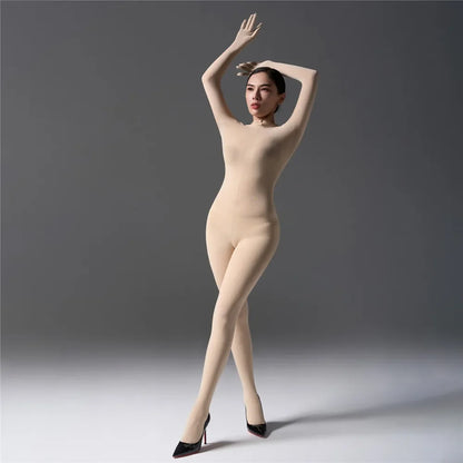 Sexy Women's Warm Full Body Bodysuit High Elastic Shaping Exotic Tights Sheer Cosplay Maid Leotard Long Sleeves Glove Jumpsuits