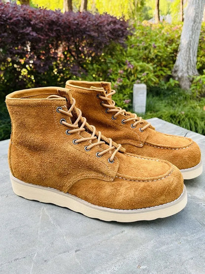 Retro Male Cow Suede Round Toe Hard Wearing Handmade Ankle Boots Leisure Genuine Leather Platform Solid Color Lace-Up Work Shoes