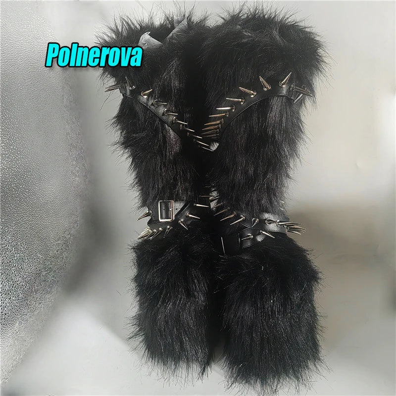Black Fur Platform Knee High Boots for Women Punk Rivet Belt Buckle Strap Snow Boots Winter Warm Fashion Y2K Girl Shoes Big Size