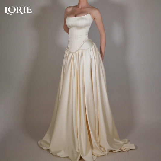 LORIE Elegant Satin Wedding Dresses Strapless A-Line Beach Bridal Gown Straps Ruffle V Corset Simple Customized Bride Dress